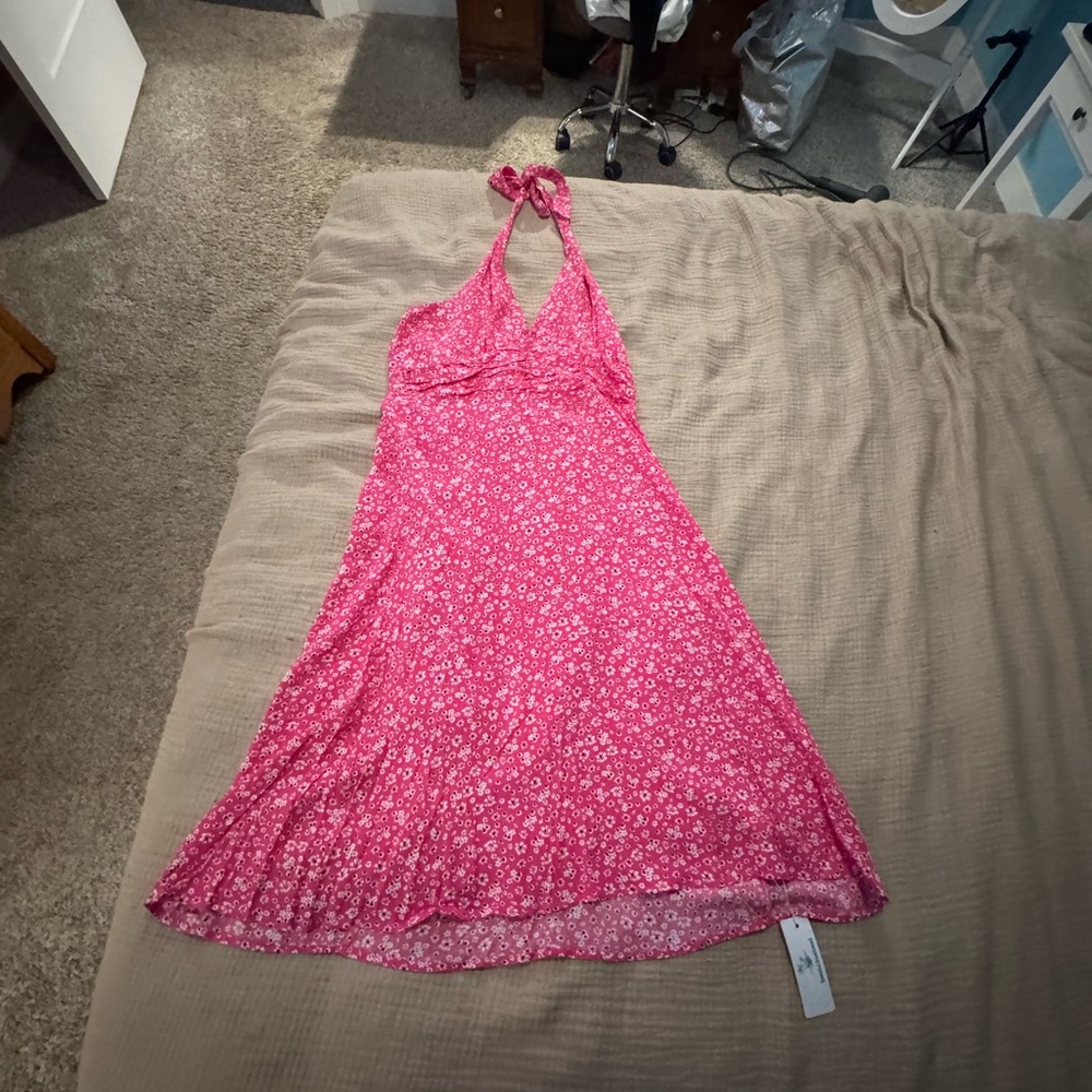 Vibrant Pink Floral Halter Dress-Size Large